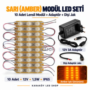 12V Amber Lensli Modül LED Seti – 10 Adet 1,5W Modül + 12V 3A Adaptör + Dişi Jak