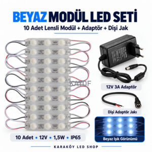 12V Beyaz Lensli Modül LED Seti – 10 Adet 1,5W Modül + 12V 3A Adaptör + Dişi Jak