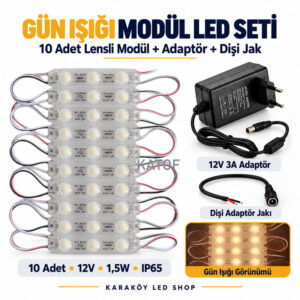 12V Gün Işığı Lensli Modül LED Seti – 10 Adet 1,5W Modül + 12V 3A Adaptör + Dişi Jak