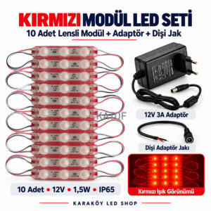 12V Kırmızı Lensli Modül LED Seti – 10 Adet 1,5W Modül + 12V 3A Adaptör + Dişi Jak