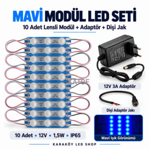 12V Mavi Lensli Modül LED Seti – 10 Adet 1,5W Modül + 12V 3A Adaptör + Dişi Jak