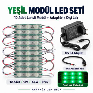 12V Yeşil Lensli Modül LED Seti – 10 Adet 1,5W Modül + 12V 3A Adaptör + Dişi Jak