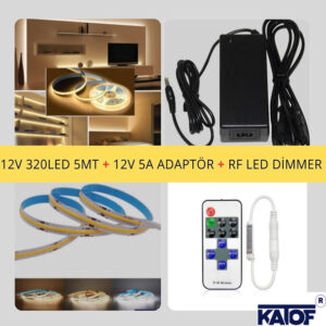 12V 320Ledli 8mm Cob Şerit 5 Metre Set – RF Kumandalı Kontrol Modülü + 5A Adaptör