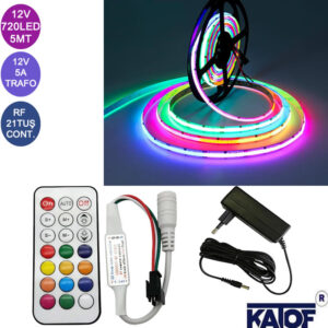 12V 720Ledli RGB Pixel Cob Şerit Led, 5Amper Trafo ve RF Kontrol Kumandalı Set