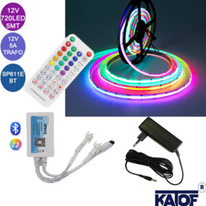 12V 720Ledli RGB Pixel Cob Şerit Led, 5Amper Trafo ve Sp611e Kontrol Kumandalı Set