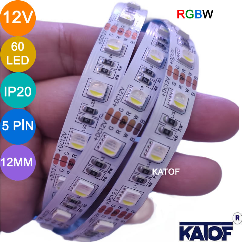 12V RGBW Şerit Led 5050smd 60ledli IP20 12mm