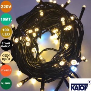 220V Gün Işığı 100Ledli Flashlı IP65 10mt. Siyah Kablolu İp Led - Görsel 5