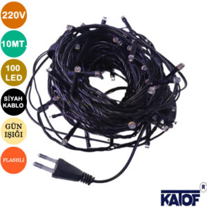 220V Gün Işığı 100Ledli Flashlı IP65 10mt. Siyah Kablolu İp Led