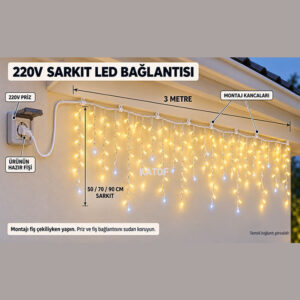 220V 3 Mt. Gün Işığı Çakarlı 192Ledli IP65 Dış Mekan Dekoratif Saçak Led - Görsel 4