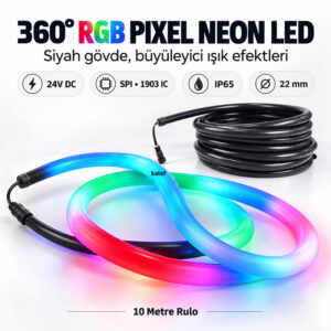 24V 360 Derece RGB Pixel Neon LED – Siyah Gövde, 22 mm, IP65, 10 Metre