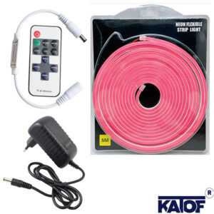 12V Pembe 6x12mm Neon LED 5 Metre Set – RF Kumandalı Kontrol Modülü + 3A Priz Tipi Adaptör