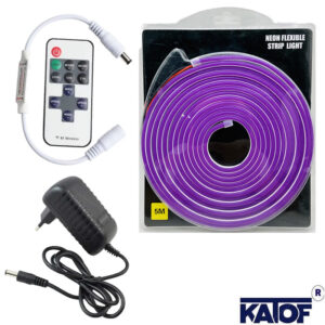 12V Mor 6x12mm Neon LED 5 Metre Set – RF Kumandalı Kontrol Modülü + 3A Priz Tipi Adaptör
