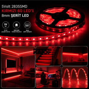 5Volt 2835smd Kırmızı 60Ledli 8mm Şerit Led