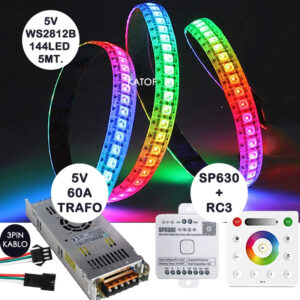 5V WS2812B 144LEd ARGB Pixel Led 5Metre + 5V 60A Trafo + SP630E-RC3 Kontrol Set