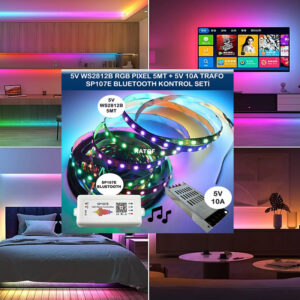 5V WS2812B ARGB Pixel Led 5Metre + 5V 10A Trafo + SP107E Bluetooth Kontrol Seti - Görsel 4