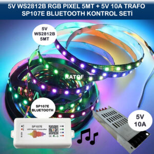 5V WS2812B ARGB Pixel Led 5Metre + 5V 10A Trafo + SP107E Bluetooth Kontrol Seti