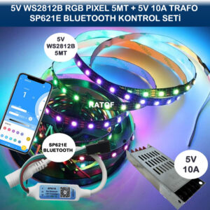 5V WS2812B ARGB Pixel Led 5Metre + 5V 10A Trafo + SP621E Bluetooth Kontrol Seti