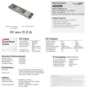 24Volt 16.7Amper 400W İç Mekan Slim Kasa Metal Adaptör Jinbo - Görsel 3