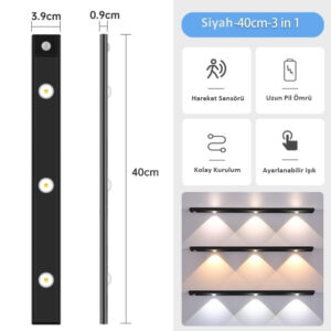 40cm Şarjlı Sensörlü LED Dolap Lambası 3 Renk Ayarlı USB Şarjlı Işık