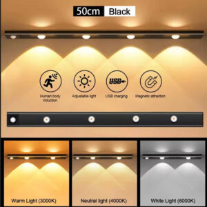 50cm Şarjlı Sensörlü LED Dolap Lambası 3 Renk Ayarlı USB Şarjlı Işık