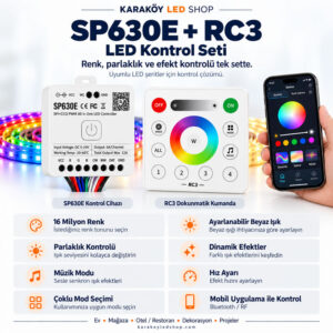SP630E + RC3 RGB/RGBW LED Kontrol Seti – Bluetooth, SPI/PWM, Dokunmatik Panel